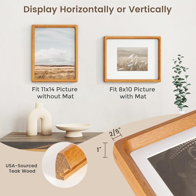11x14 Picture Frame, USA-Sourced Teak Wood Photo Frames with HD Tempered Glass, Handcrafted Rounded Corner 11 x 14 Wooden Frames Matted to 8x10 Photos, 11x14 Frame, Horizontal or Vertical Wall Display