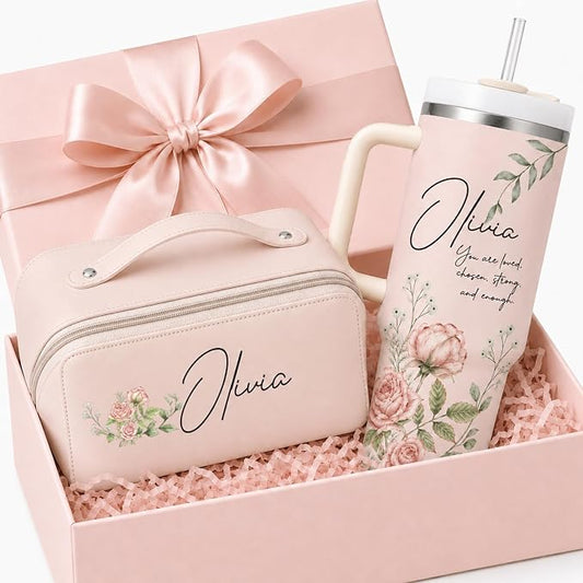Personalized 40 oz Floral Tumbler with Optional Makeup Bag, Custom Name Insulated Stainless Steel Travel Cup with Straw, Personalized 2-In-1 Gifts for Teacher Appreciation, Women Mom Sister Grandma