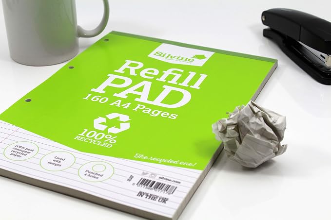 Silvine 160 Page A4 Everyday Recycled Refill Pad. Ruled 8mm Feint with Margin, green, 301966075