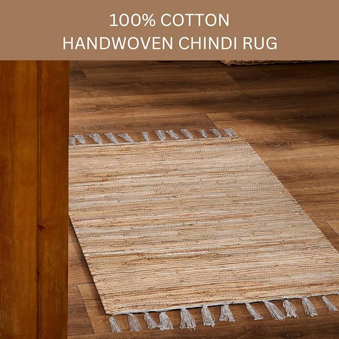Cotton Chindi Rug - Boho Rustic Area Accent Throw Rug - Area Floor Carpet for Bedroom Living Room Kitchen Dorm Entryway Hallway - 20x32 inch Hand Woven Reversible Area Rug Beige Multi