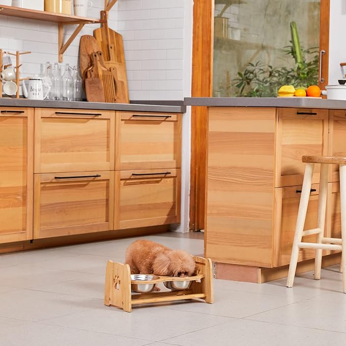 X-ZONE PET Elevated Dog Bowls for Cats and Dogs, Adjustable Bamboo Raised Dog Bowls for Medium Dog, Food and Water Set Stand Feeder with 2 Stainless Steel Bowls and Anti Slip Feet (Height 4.7" to 7")