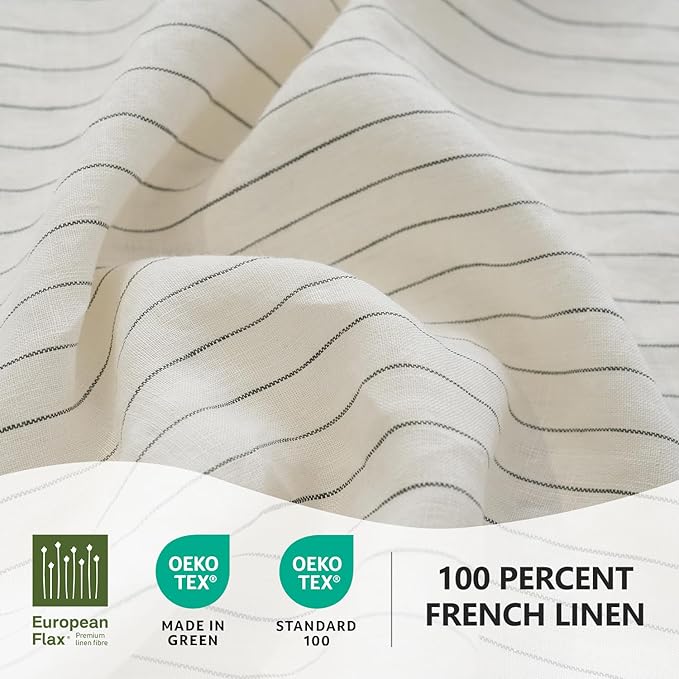 S VICTORY SYMBOL 100% Organic Linen Duvet Cover Set Grey Pinstripe Queen Size,Yarn Dyed French Natural Flax Bedding Set,3pcs Farmhouse Comforter Cover Set