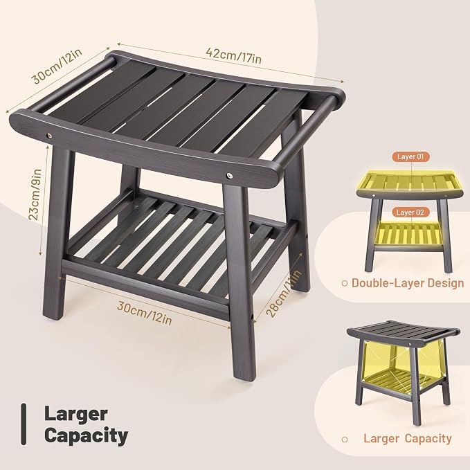 LEJANEOYE Bamboo Shower Bench Stool, Shower Chair for Inside Shower with 2-Tier Storage Shelf, Waterproof Shower Seat for Shaving Legs, Spa Bathroom Shower Bench-Grey
