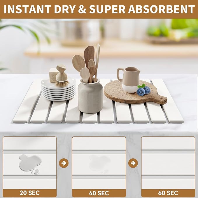Large Stone Dish Drying Mats for Kitchen Counter,23.6''(L)x 15.4''(W) Foldable Quick Dry Stone Mat Kitchen,Absorbent Diatomaceous Earth Mats for Dishes Bottles Cups Bathroom Any Countertop-White