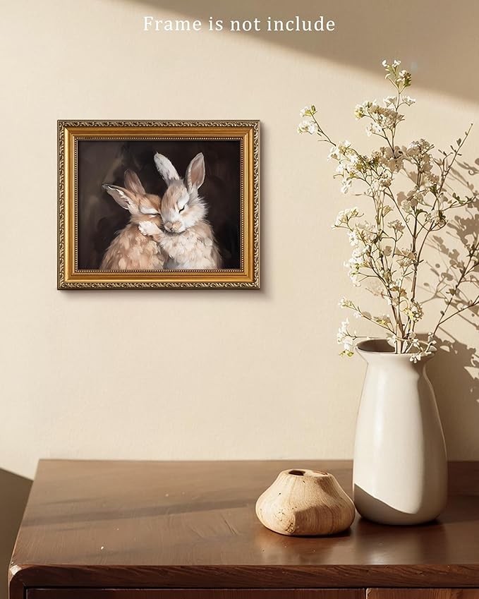 Vodefoad Hugging Rabbit Retro Vintage Canvas Wall Art Cute Rabbits Wall Art Oil Painting | Rabbit Friends | Antique Vintage Print | Bunny Poster | Nursery Decor - 8x10Inch Unframe