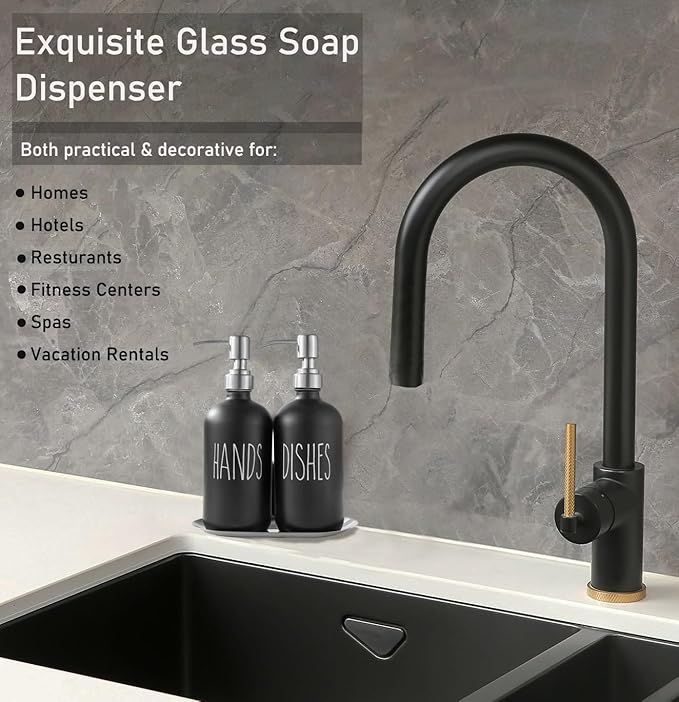 Black Soap Dispenser Set, Glass Soap Dispenser with Stainless Steel Pump & Tray, Farmhouse Hand Soap Dispenser & Dish Soap Dispenser for Bathroom Kitchen Sink(2 Black)