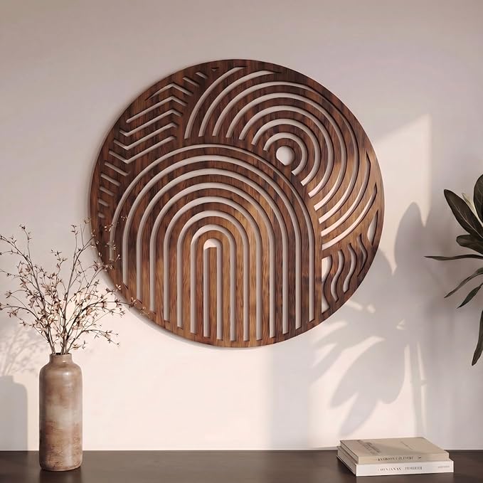Yerliker Mid Century Modern Wood Wall Art Small Walnut Geometric Wall Sculpture 11.81 Inch Boho Minimalist Abstract Panel Decor for Living Bedroom, Office, Entryway Vertical Hanging Art(Circular)