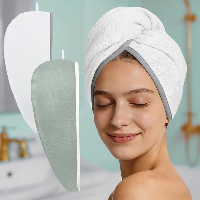 VOOVA & MOVAS Light Gray & White Microfiber Hair Towel, 2Pcs Button-Free Elastic Loop Hair Turban, Ultra Soft Quick Dry Hair Wrap, Highly Absorbent Anti Frizz Towel