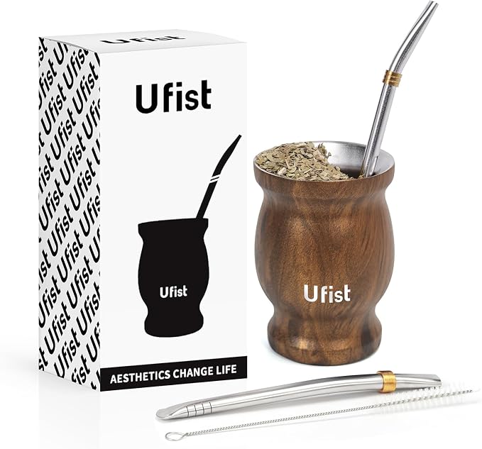 8.4oz Classic Argentina Yerba Mate Cup and Bombilla Set, Includes Stainless Steel Mate Gourd, 2pcs Bombilla Straws and Clean Brush (Wood Grain)
