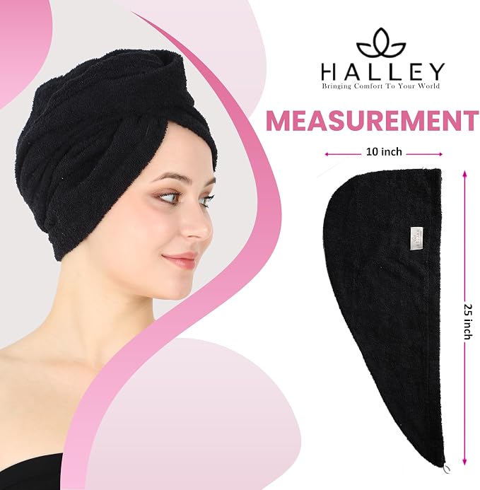 HALLEY Cotton Hair Towel Wrap (3 Packs) Super Absorbent Fast Drying Turbans for Thick, Wet Hair with Button (Black)
