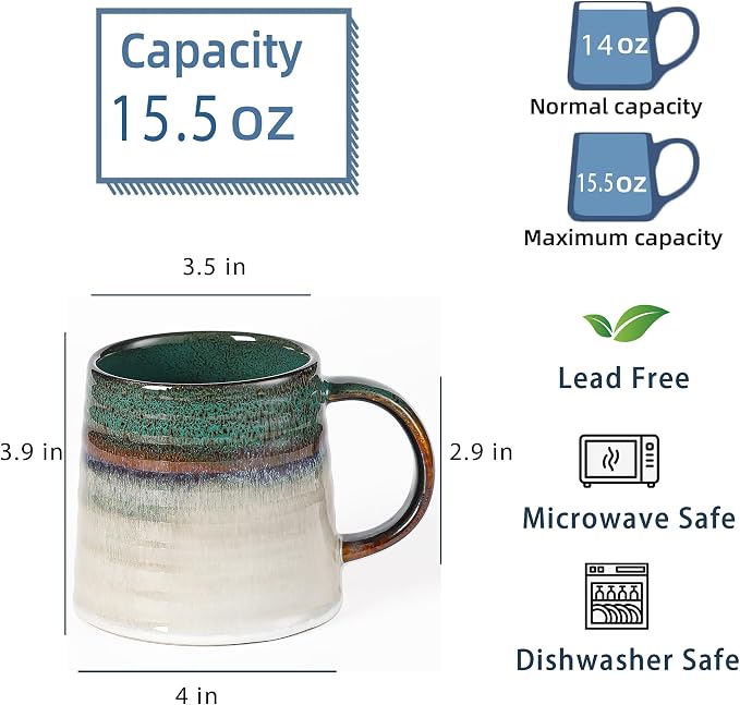 Large Ceramic Coffee Mug, Handmade Pottery Mugs, Tea Cups with Big Handle for Office and Home, 15.5 oz, Dishwasher and Microwave Safe (Ink Green)