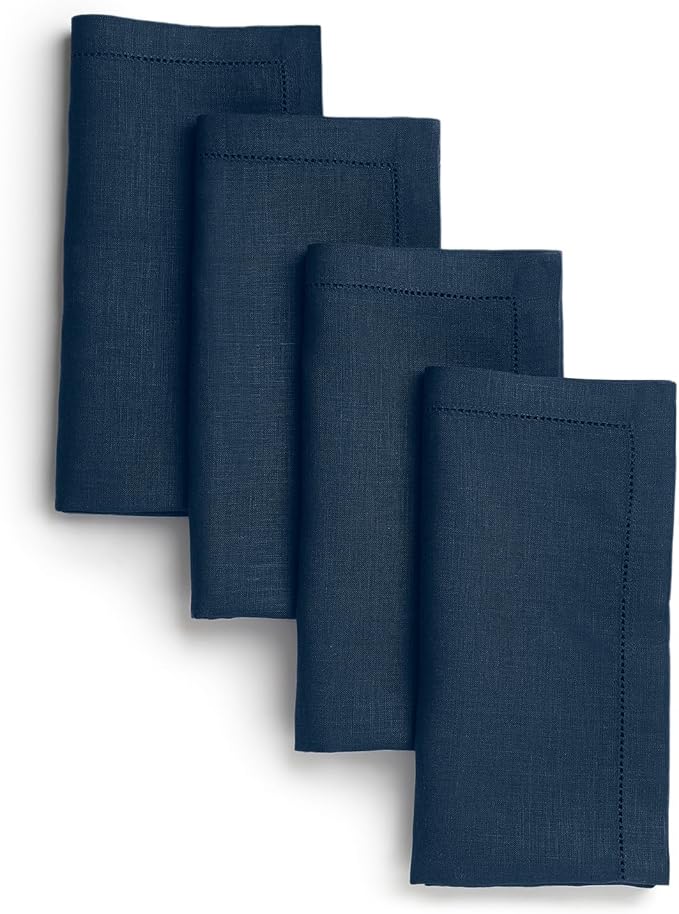Signature Linen™ by D'Moksha Navy Blue Dinner Napkins Set of 4, 20 x 20 Inch Cloth Napkins, 100% Pure Linen, Hemstitch, Machine Washable Table Napkins- Summer, Father's & Independence Day