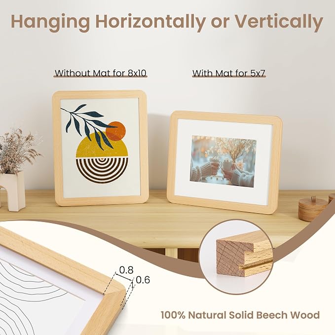 Fun Memories 8x10 Picture Frame - Solid Beech Wood Frame with Real Glass, 8x10 Photo Frame Matted to 5x7 for Wall & Tabletop Display, Natural Beech