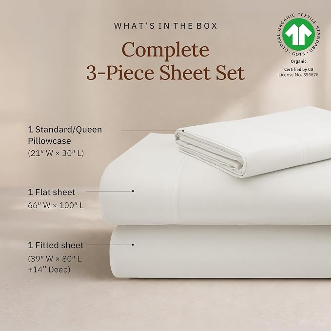 California Design Den Twin XL Sheet Set - 100% Organic Cotton, Soft and Lightweight Sateen Bed Sheets Twin XL, Deep Pockets, Durable Bedding - Soft Cream