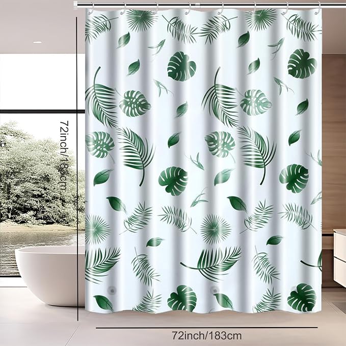 TIKABC Shower Curtain Liner, 4G PEVA Shower Liner, Plastic Waterproof Shower Curtains, with Grommet Holes and 3 Magnetic Weights(Green Leaf)