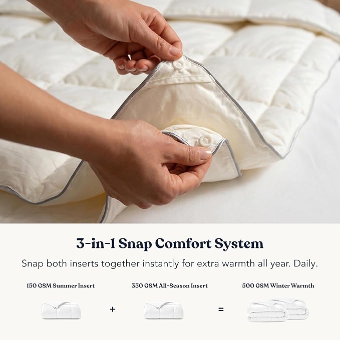 Queen Size Down Alternative Duvet Insert - Ultra-Soft GOTS Certified Organic Cotton Cover Hypoallergenic Snow Down Alternative-Filled Hotel Collection Comforter, 350 GSM All Season Warmth