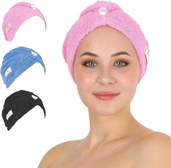HALLEY Cotton Hair Towel Wrap (3 Packs) Super Absorbent Fast Drying Hair Towel for Thick Hair Turbans for Wet Hair with Button (Pink, Blue, Black)