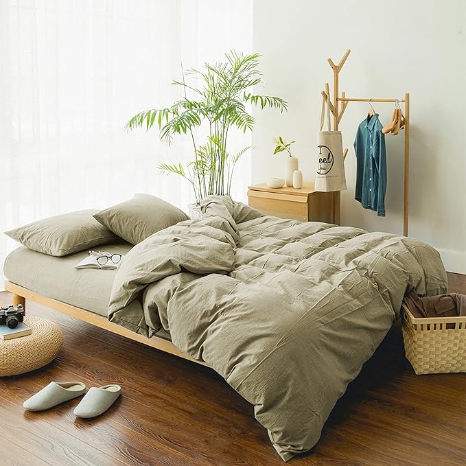 EMME Khaki Cotton Duvet Cover Twin, 2-Piece Set Soft Cotton Comforter Cover Bedding Collection Comforter Cover with Pillow Sham Solid Color Zipper Closure & Corner Ties (Khaki, Twin/Twin XL)