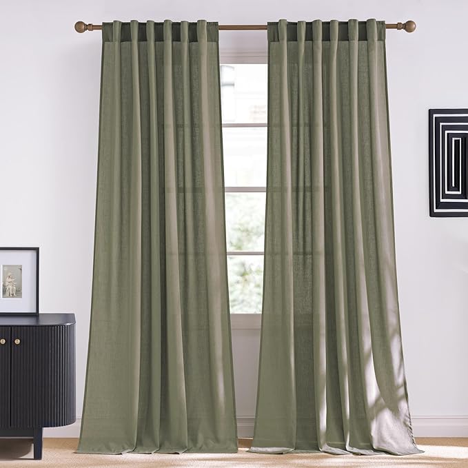 NICETOWN Linen Blend Lichen Curtains 96 inches Long, Rod Pocket & Back Tab Light Filtering Semi Sheer Window Treatments Privacy Added Drapes for Living Room, W55 x L96, 2 Panels