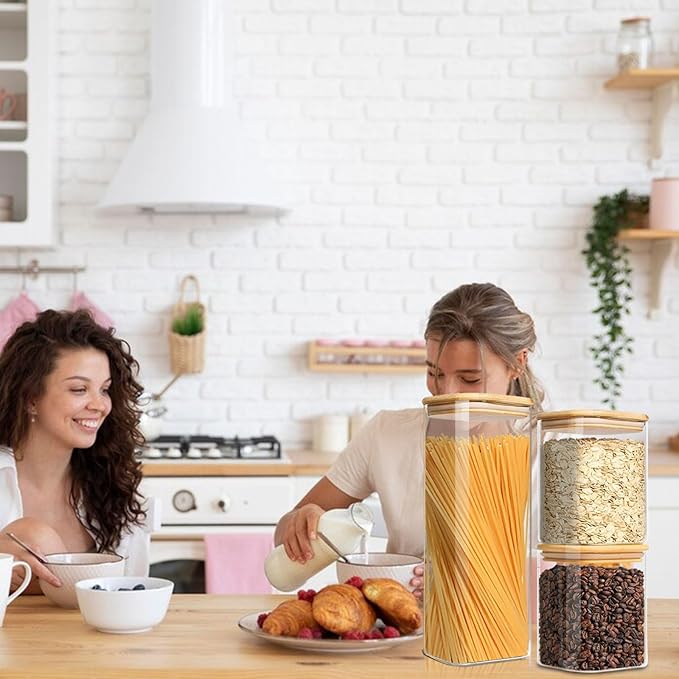 Glass Storage Containers with Lids, Clear Food Storage Container Jar with Sealing Bamboo Lid for Noodles Flour Cereal Rice Sugar Tea Coffee Beans (Square-5Pack)