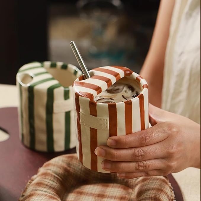 Shelprojsu 10oz Ceramic Coffee Mug,Retro Striped Coffee Cups,with Sip hole Espresso Ceramic Cup,novelty Hand-Painted Striped Travel Mugs-ideal Gift for Coffee Lovers(Green)