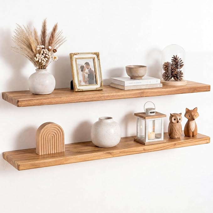 Fun Memories 40 Inch Floating Shelf, 8 Inch Deep Rounded Edge Solid Elm Wood Wall Shelf with Hidden Bracket for Living Room & Kitchen