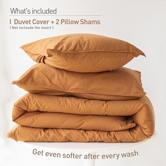 BISELINA French Linen Duvet Cover Set 2pcs with Hidden Zipper Closure Natural Flax Cotton Blend Solid Color Soft Breathable Luxury Farmhouse Bedding - Twin Size, Rust