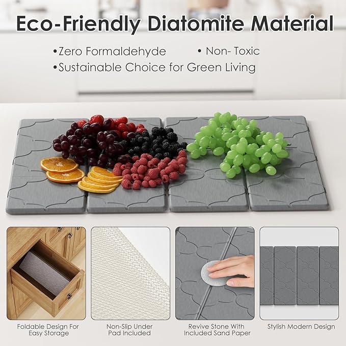 3 PCS Large Stone Dish Drying Mat for Kitchen Counter -24"x16" Absorbent Diatomaceous Earth Mat with Stone Faucet Mat & Soap Tray - Quick Dry, Collapsible, Non-Slip Countertop Organizer