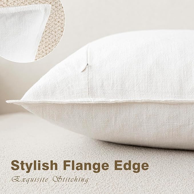Foindtower Pack of 2, Decorative Linen Soild Throw Pillow Covers Soft Accent Lumbar Cushion Case Boho Farmhouse Neutral Pillowcase for Couch Sofa Bed Living Room Home Decor 12 x 20 Inch Cream White