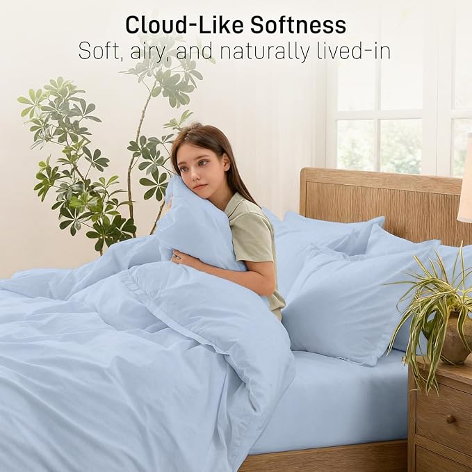 Duvet Cover Set Queen Size, 100% Washed Cotton, Light Weight Breathable Comforter Cover Linen Feel, 3PCs Breathable Bedding Set for All Season, Blue 90"x90"