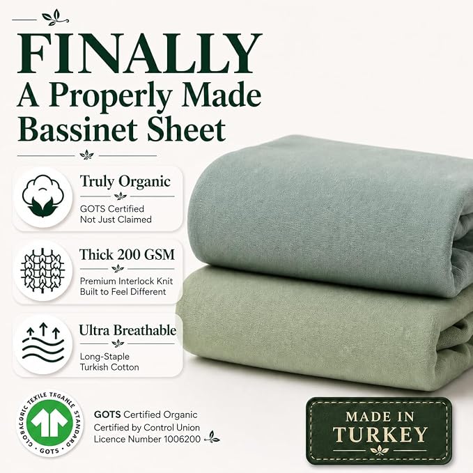 GOTS Organic Bassinet Sheets Compatible with Halo BassiNest Swivel Sleeper, 4moms mamaRoo Sleep Bassinet, Pure Ultra Soft Turkish Organic Cotton