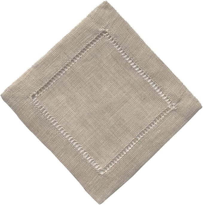 Ladder Hemstitch 100% Natural Linen Cocktail Napkins 4"x4" - A Dozen Cloth Napkin Coasters-Set of 12 Linen Beverage Party Cocktail Napkin