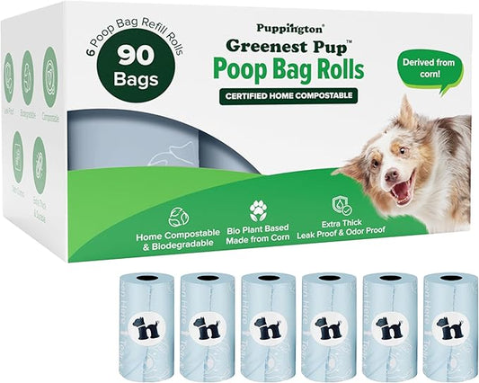 Puppington Certified Home Compostable Poop Bags - ASTM D6400 Compliant - Plant-Based Thick Bags - Pairs with Puppington 3-in-1 Bag & Fits all Standard Poop Bag Dispensers (Ice Blue, 90 Bags)