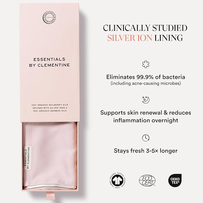 Clementine Sleepwear Essentials Organic Queen Size Pillowcase Ballet Pink | Two-Tone Bamboo and Silver Ion Silk for Acne-Prone Skin, Anti-Aging, and Hydrated Hair and Skin