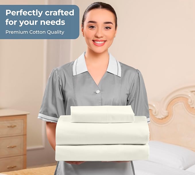 ROYALE LINENS 100% Organic Cotton Twin XL Sheet Set - Percale Weave - 3 Pieces Set - 1 Flat, 1 Deep Pocket Fitted Sheet and 1 Pillowcases - Ivory Bed Sheets - Sábanas Twin XL - Crisp Cool (Ivory)