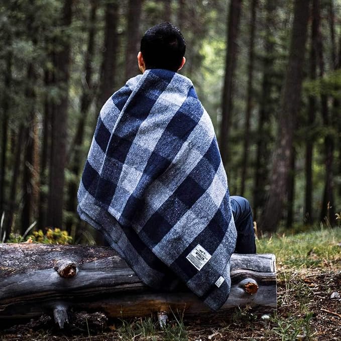 Camp Throw Blanket - 80% Recycled Wool - Buffalo Plaid - Warm Throw Blanket - Thick - Washable - 62W x 80L - Gray and Blue Plaid
