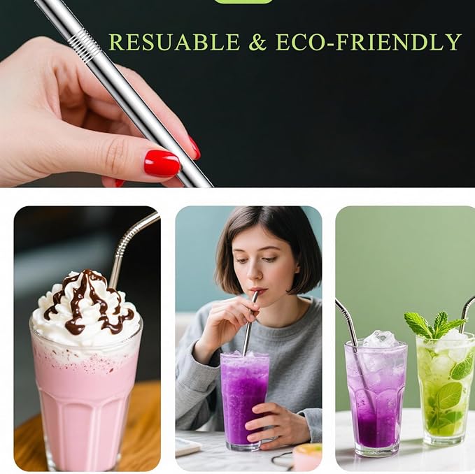 Stainless Steel Smoothie Straws, 0.4'' Extra Wide Reusable Metal Drinking Straws for Milkshake, Smoothie, Beverage, Set of 8 with 2 Cleaning Brush
