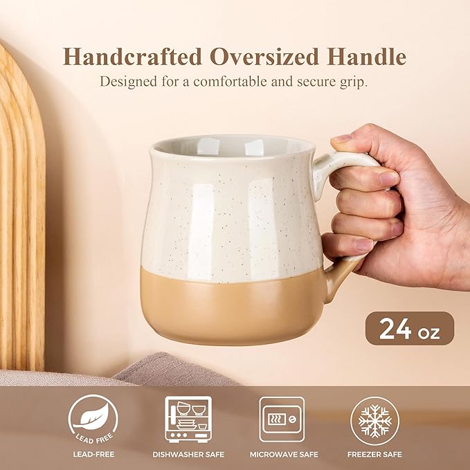 GBhome Ceramic Coffee Mugs Set of 2, 24oz Handmade Large Coffee Mugs Set with Terracotta Underside for Latte/Tea/Beer/Hot Cocoa/Cappuccino/Soup Dishwasher & Microwave Safe-light Beige &White