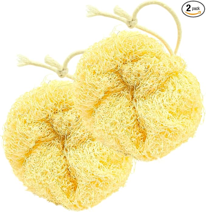 Natural Loofah Body Scrubber 2-Pack, Plant-Based Exfoliating Shower Sponge Luffa for Men & Women, Eco-Friendly & Dye-Free, Fits All Hand Sizes [Must SOAK to Soften]