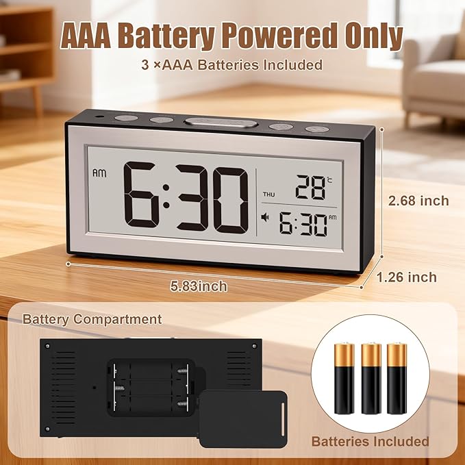 ALANAS Battery Operated Alarm Clock, Portable Digital Clock with Large Display, Snooze, Temperature & Date, Auto-Dim Night Light for Easy Reading, Ideal for Seniors, Kids, Bedroom, Travel, Nightstand