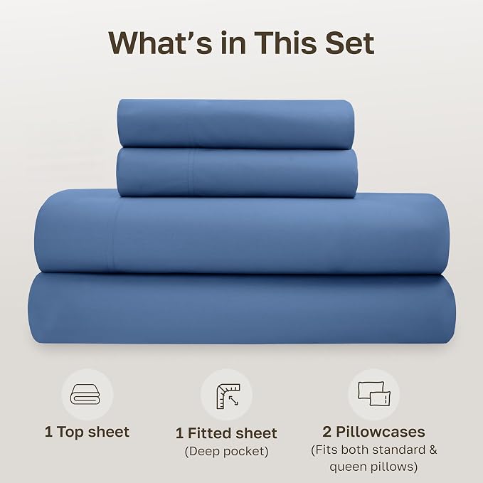 California Design Den Soft 100% Organic Cotton Sheets Full Size Bed Set - Crisp and Cool Percale Organic Sheets, Deep Pockets with Anti-Skid Elastic, Breathable and Durable Bedding Set - Riviera Blue