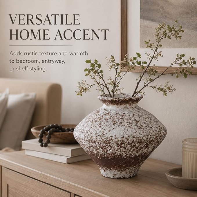 Large Wabi Sabi White Vintage Ceramic Vase, 10.6" Rustic Pottery Vase for Centerpieces, Textured Decorative Flower Vases for Table, Living Room, Bedroom, Bathroom, Kitchen, Farmhouse Home Decor Gifts