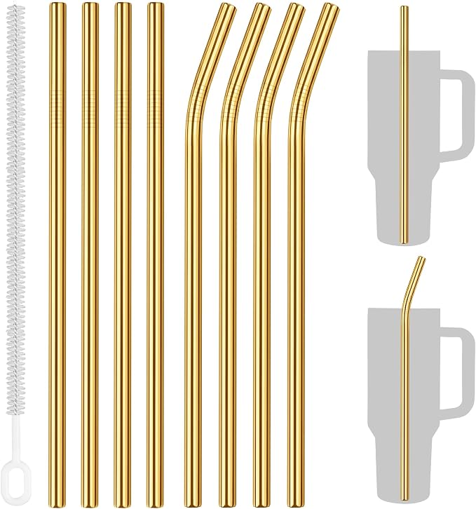 Tomorotec 8PCS Stainless Steel Straws Fit for 40oz Stanley Tumblers, Gold | 12" Reusable Drinking Straws with Brush, 4 Bent & 4 Straight Straw for Smoothies, Milkshakes, Iced Coffee, Dishwasher Safe