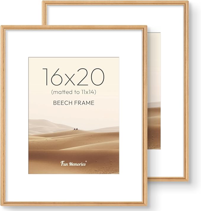 16x20 Picture Frame with Mat for 11x14, USA-Sourced Beech Wood Handcrafted Rounded Corner with HD Tempered Glass, 16 x 20 Photo Frames Gallery Wall & Tabletop, Vertically or Horizontally, 2 Pack