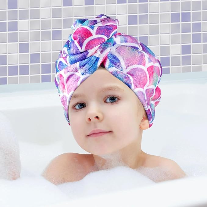 MADHOLLY Fast Drying Microfiber Hair Towel for Kids Women - 2 Packs Soft Super Absorbent Hair Towel Wrap with Button, Anti-Frizz Turban for Thicker Curly Long Hair, Mermaid Gift for Girls