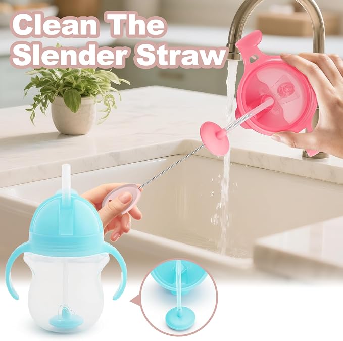 YOTIME 4 in 1 Straw Cleaner Brush Set, Reusable Standing Straw Brushes with Holder Ring, for Baby Bottles, Sippy Cups and Lids, Pink