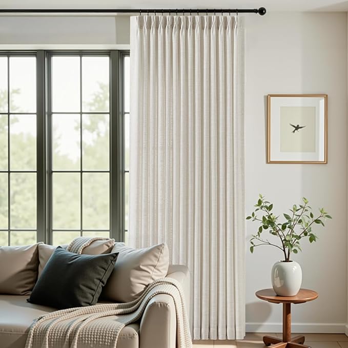 IVAPUPU Pinch Pleated Thick Linen Curtains 90 Inch for Living Room, Light Filtering Semi Sheer Curtains Memory Trained Back Tab Pleat Drapes for Bedroom Dining Room, 40x90, Natural, 2 Panels