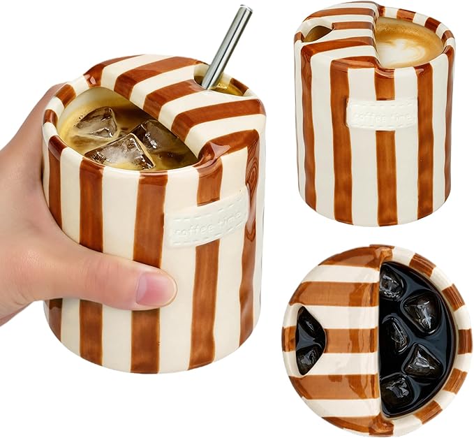 Ceramic Coffee Mug Novelty Ceramic Travel Mug Cute Espresso Cups To Go Anthropologie Latte Cups Aesthetic Brown Pottery Mugs With Sip Hole 10oz Clay Striped Vintage Handmade Coffee Cup for Home