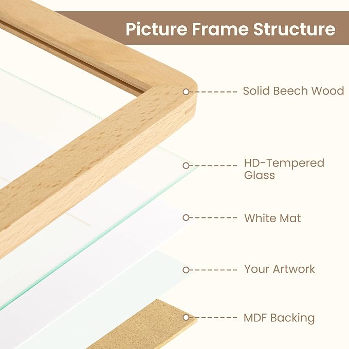 Fun Memories 9x12 Picture Frame - Solid Beech Wood Frame with Real Glass, 9x12 Wooden Frame with Mat for 6x8, Perfect for Horizontal or Vertical Hanging by Wall, Natural Beech
