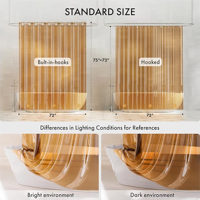 AmazerBath No Hook Shower Curtain and Liner 3-in-1, 8G Luxury Heavy Duty Clear Orange No Hook Shower Curtain Liner, 72x75 Cute EVA Bathroom Weighted Plastic Shower Curtain with 3 Heavyweight Stones